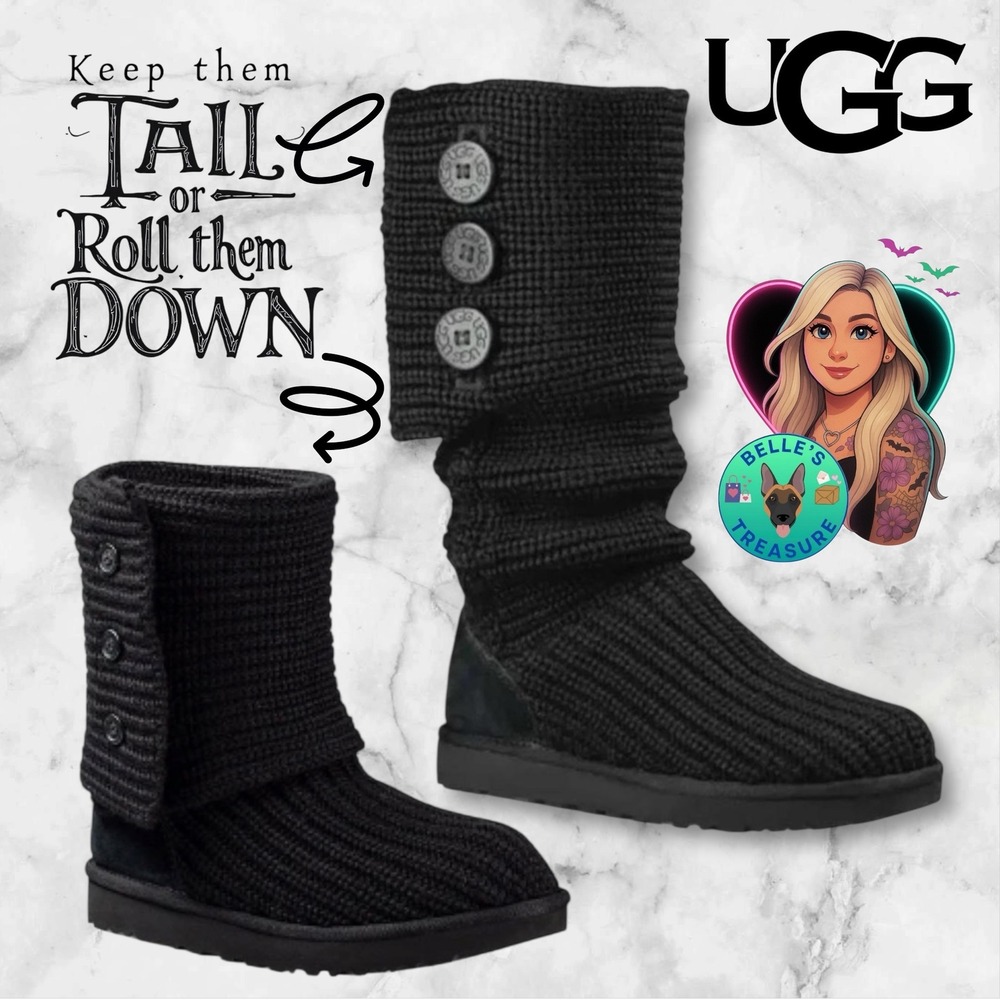 UGG Classic Cardy Knit Boot Women's 6 Black Tall Short Button Y2K Bella Swan